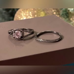 Black Rhodium/silver wedding 2 ring set